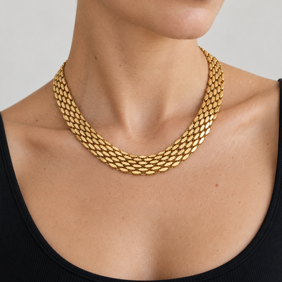 Model wearing VEYRISSA Wide Flat Snake Chain Choker