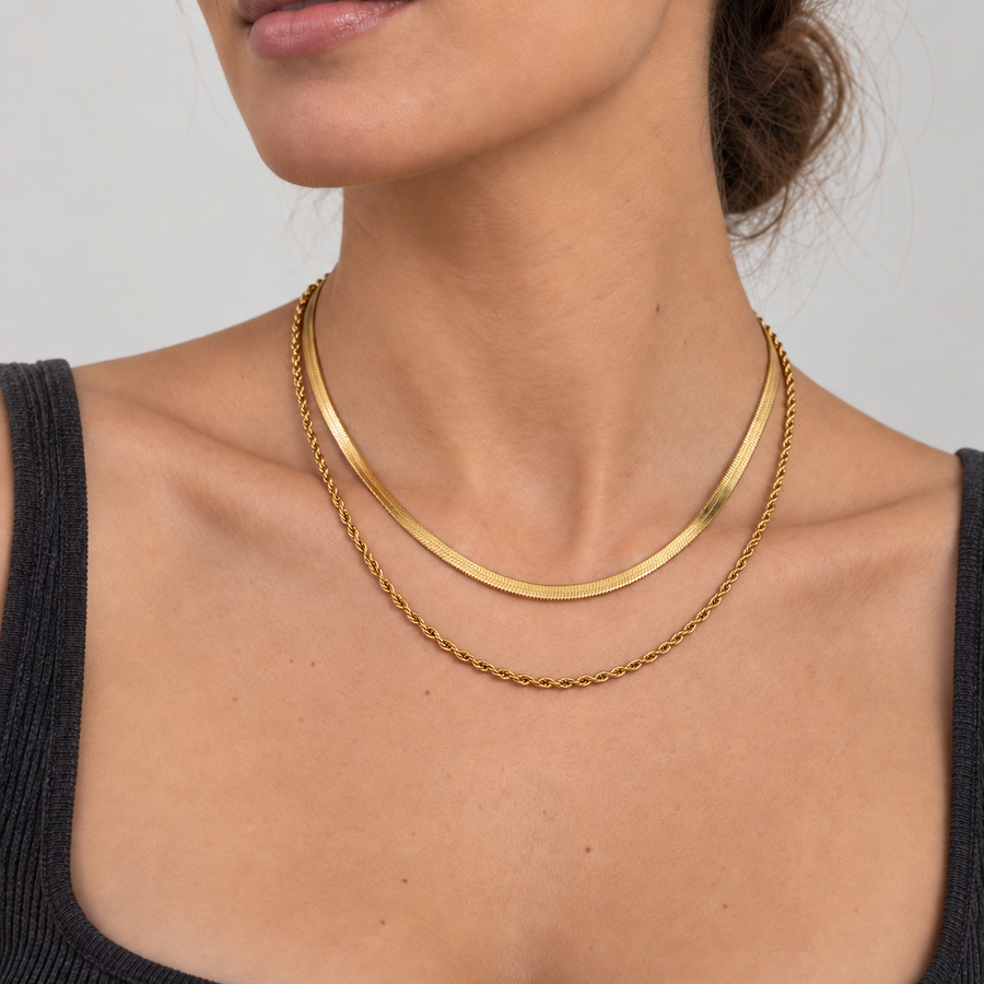 Model wearing VEYRISSA Double Layer Snake Chain Necklace