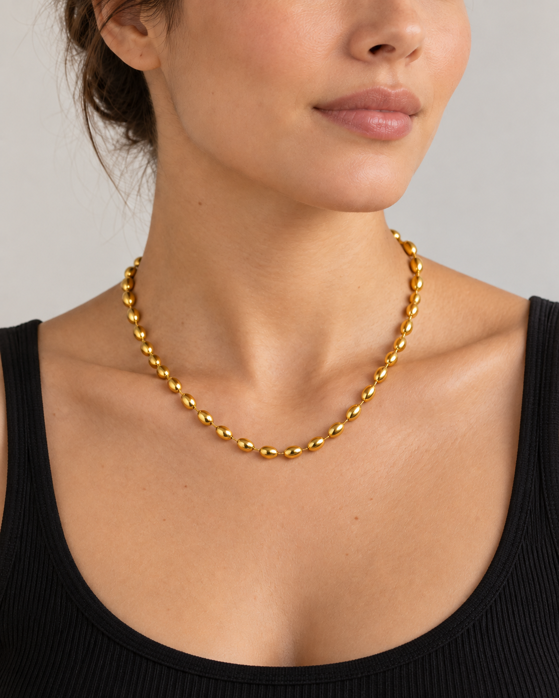 Model wearing VEYRISSA 3mm Olive Bead Chain Necklace