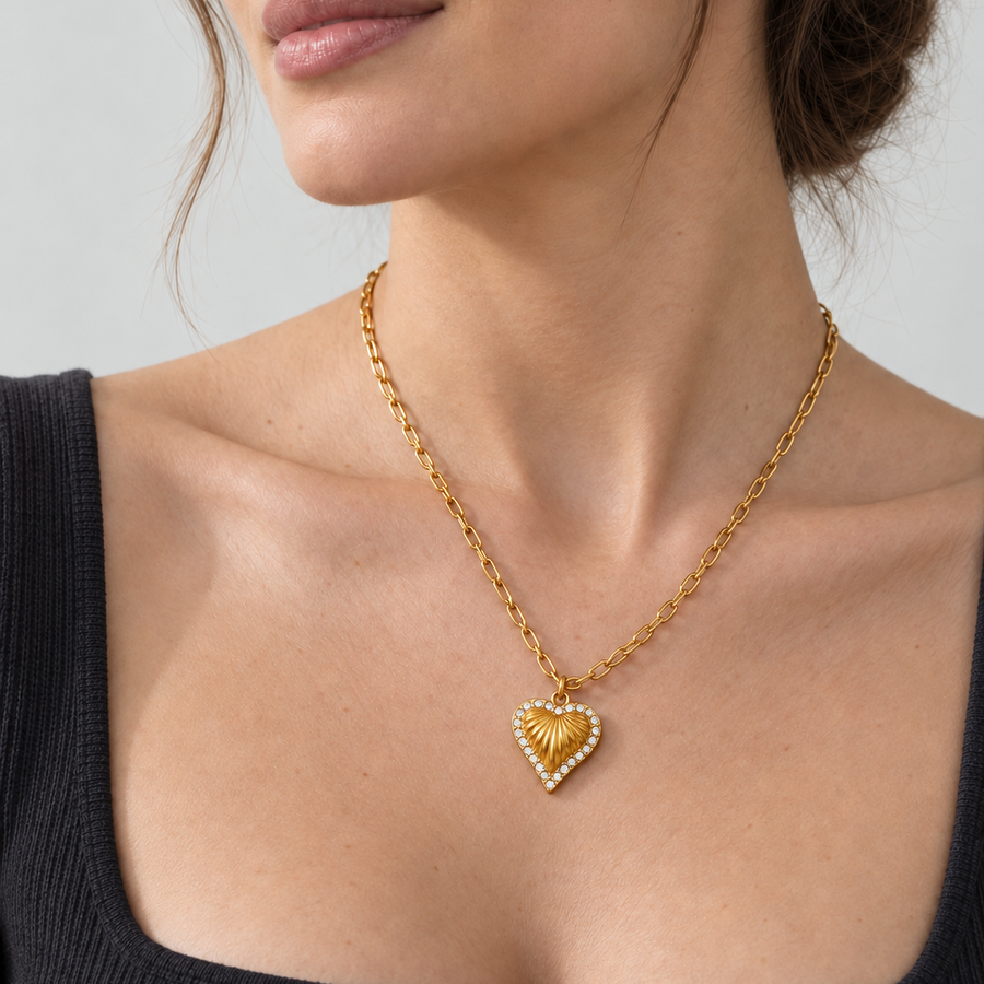 Model wearing VEYRISSA Pavé Heart Pendant Necklace