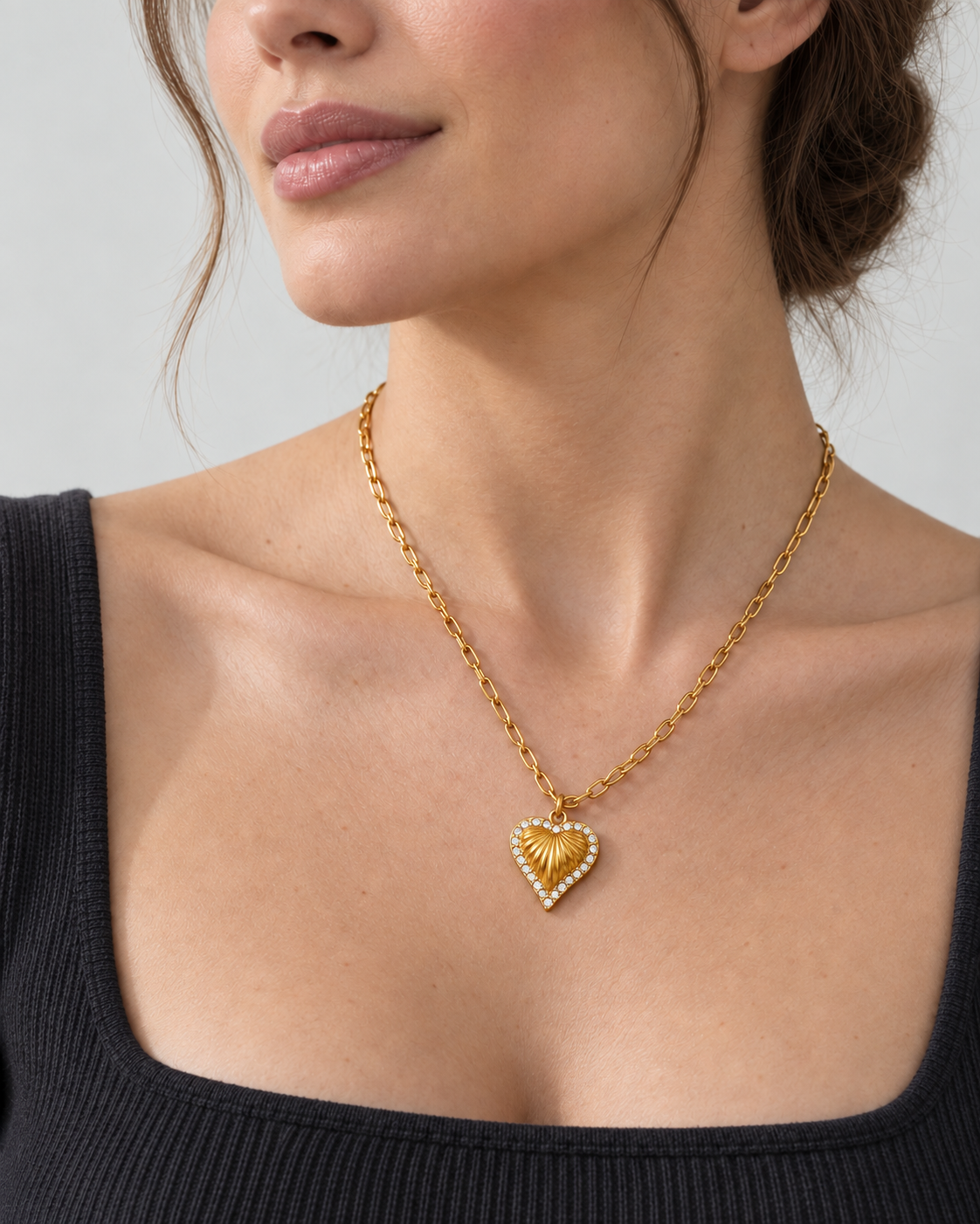 Model wearing VEYRISSA Pavé Heart Pendant Necklace