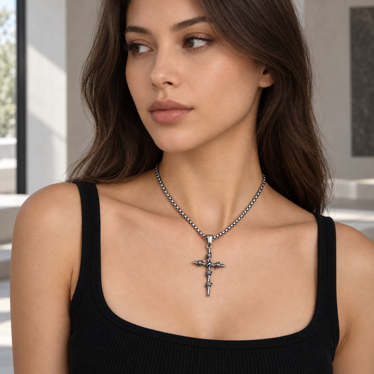 VEYRISSA Thorn Cross Pendant Necklace — styled view