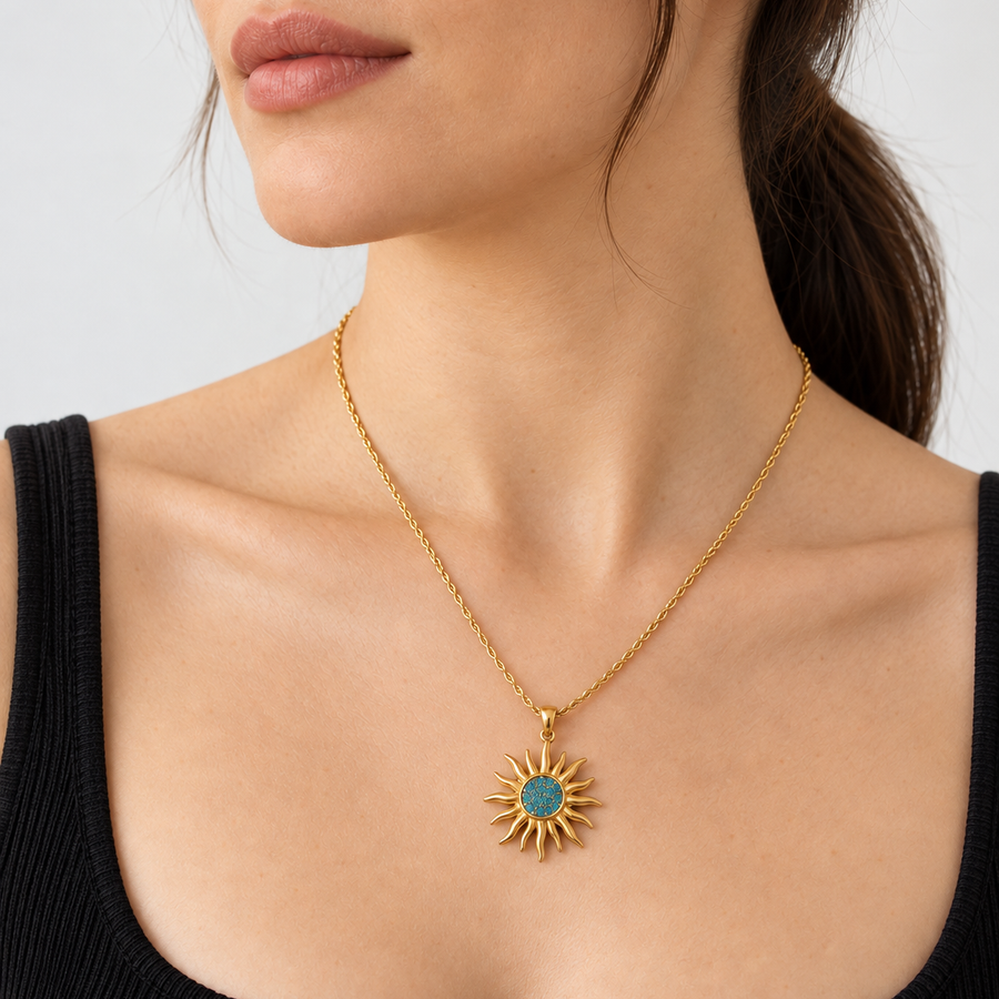Model wearing VEYRISSA Solar Halo Pendant Necklace