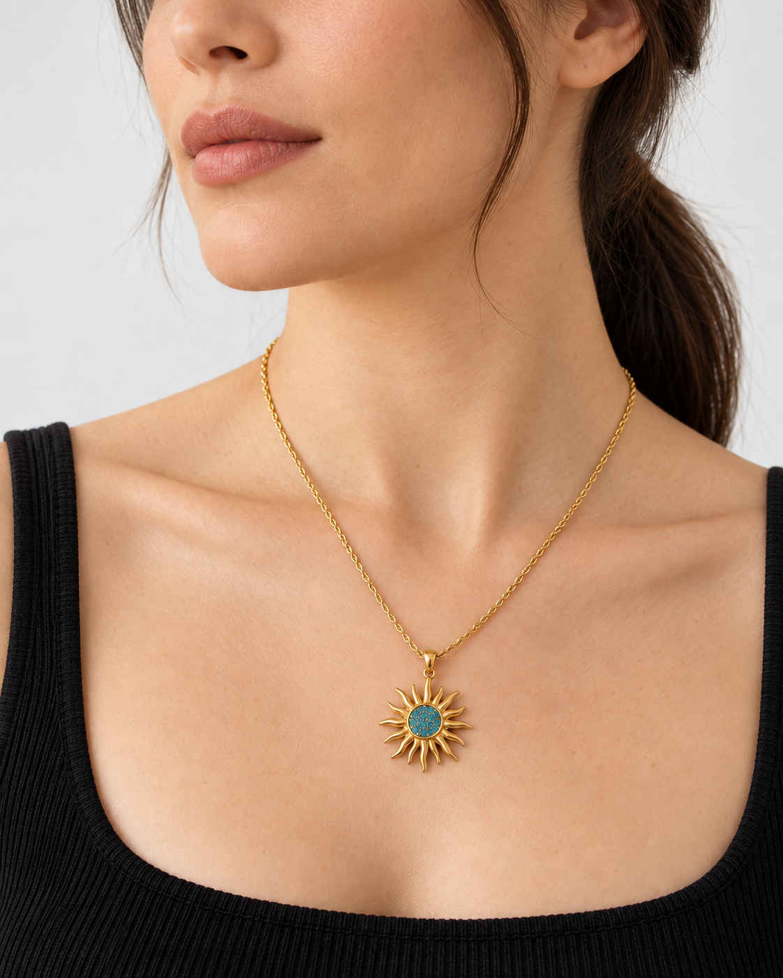 Model wearing VEYRISSA Solar Halo Pendant Necklace