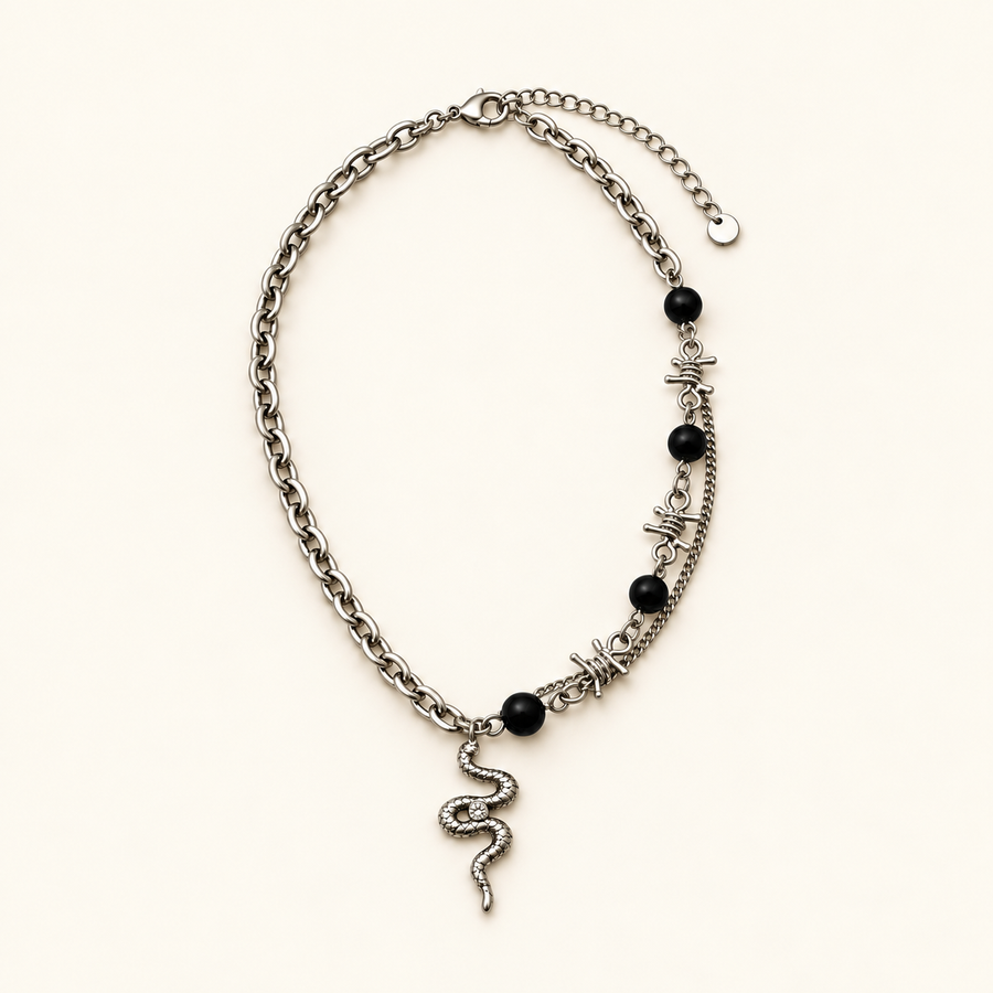 VEYRISSA Black Bead Thorn Chain Necklace — product view