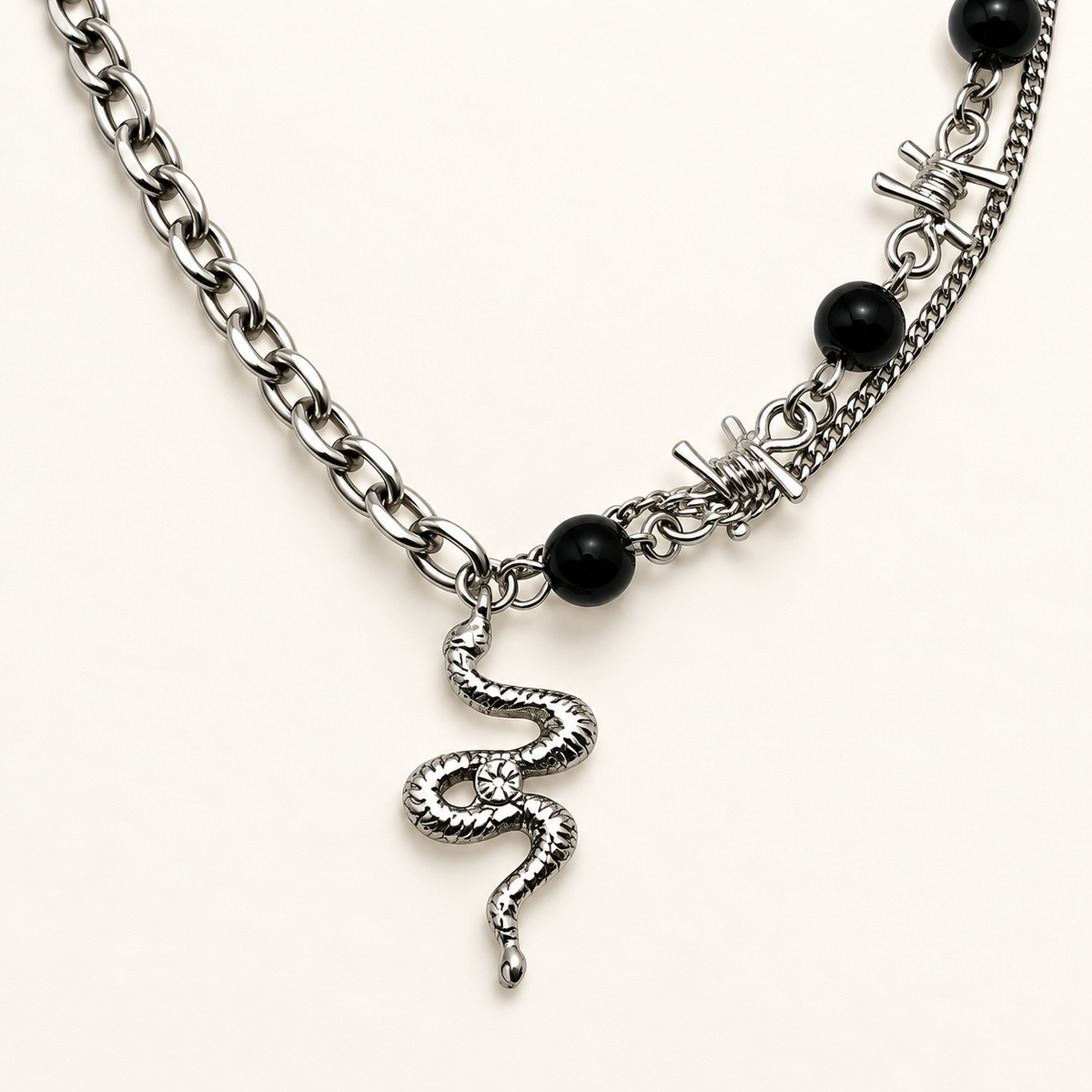 VEYRISSA Black Bead Thorn Chain Necklace — close-up detail