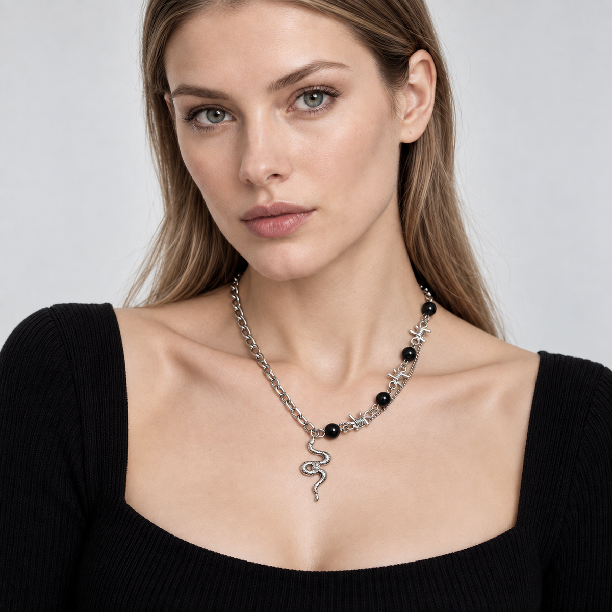 VEYRISSA Black Bead Thorn Chain Necklace — styled view