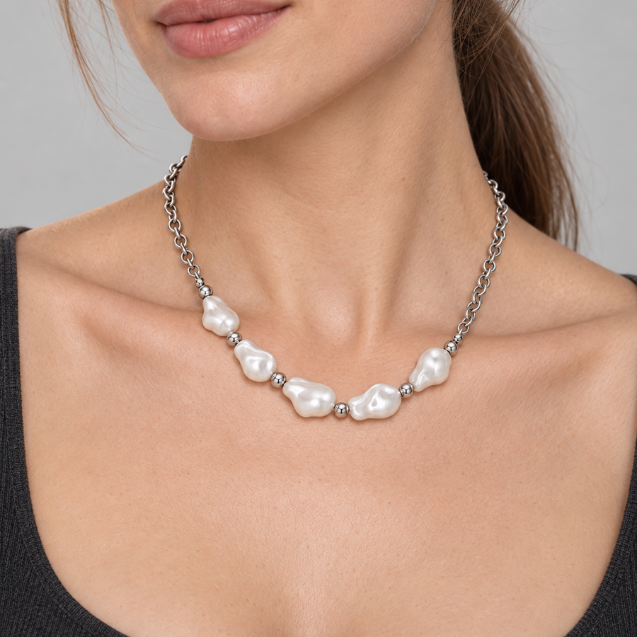 Model wearing VEYRISSA Baroque Pearl Link Necklace