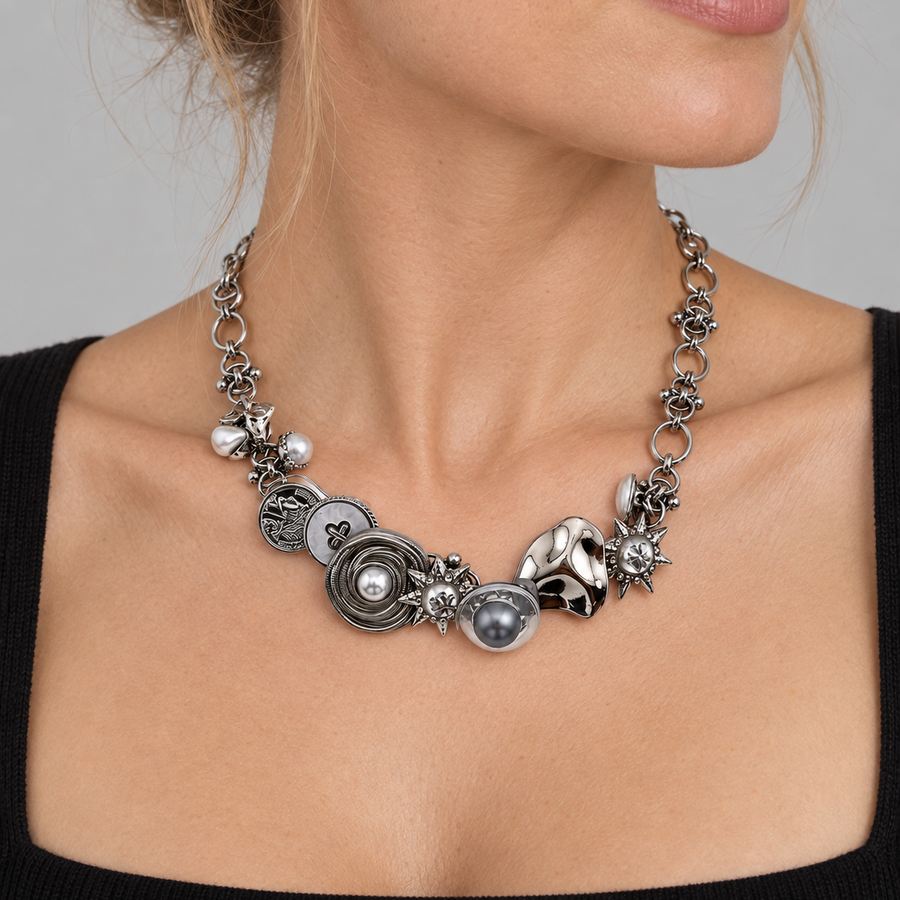 Model wearing VEYRISSA Button Halo Pendant Necklace