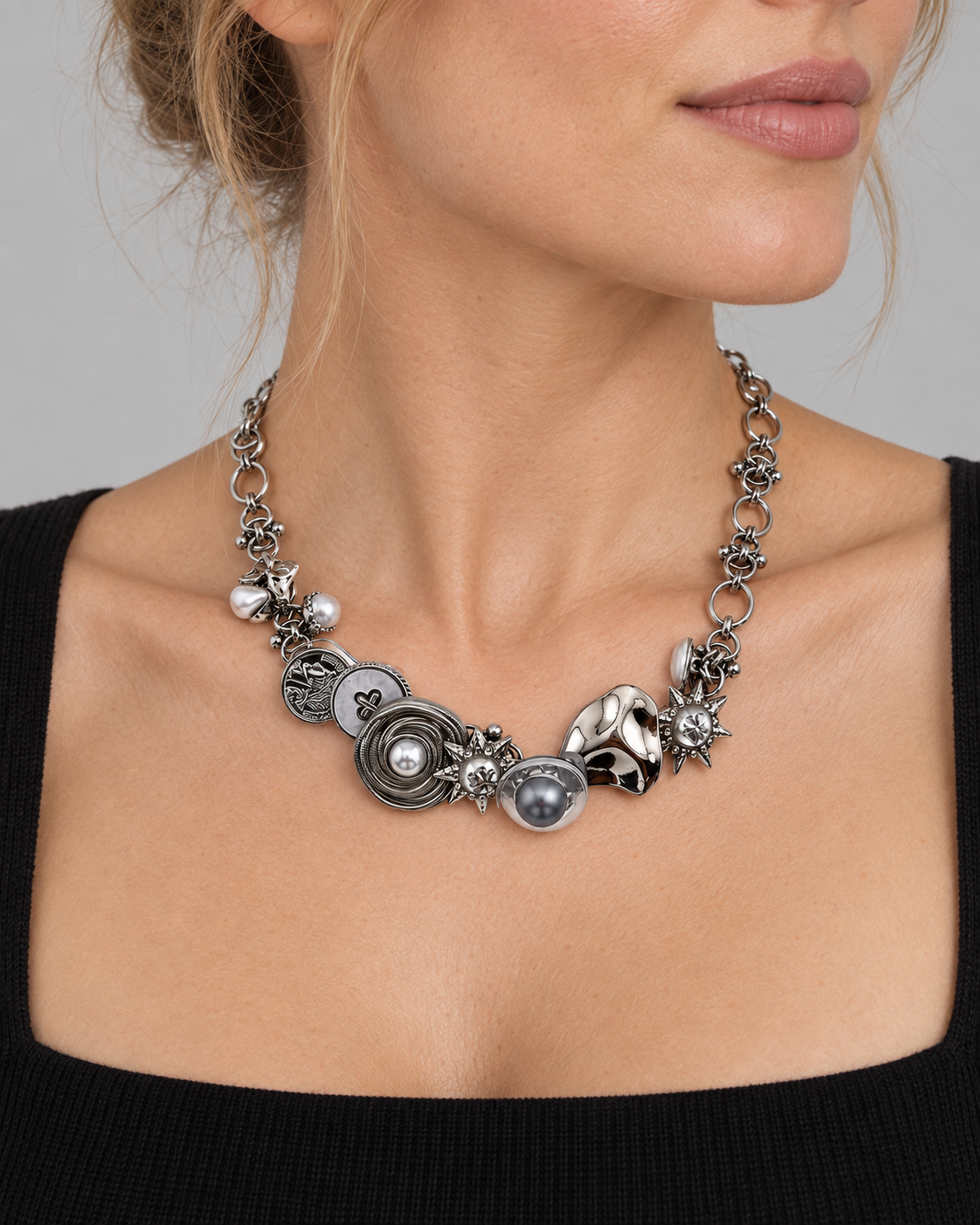 Model wearing VEYRISSA Button Halo Pendant Necklace