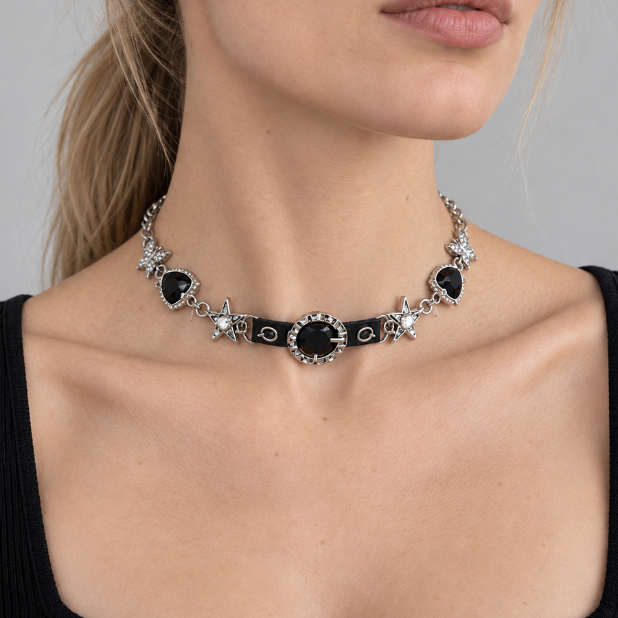 Model wearing VEYRISSA Black Crystal Buckle Choker
