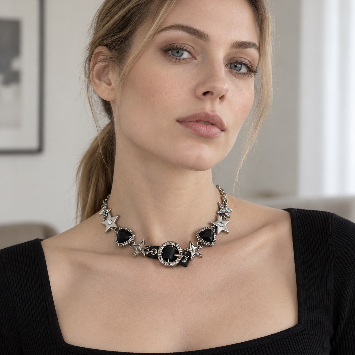 VEYRISSA Black Crystal Buckle Choker — styled view