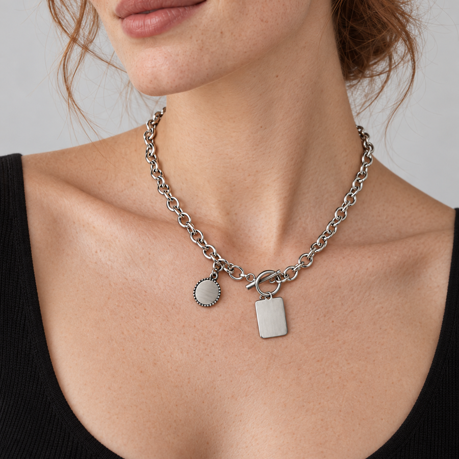 Model wearing VEYRISSA Duke Love Coin Toggle Necklace