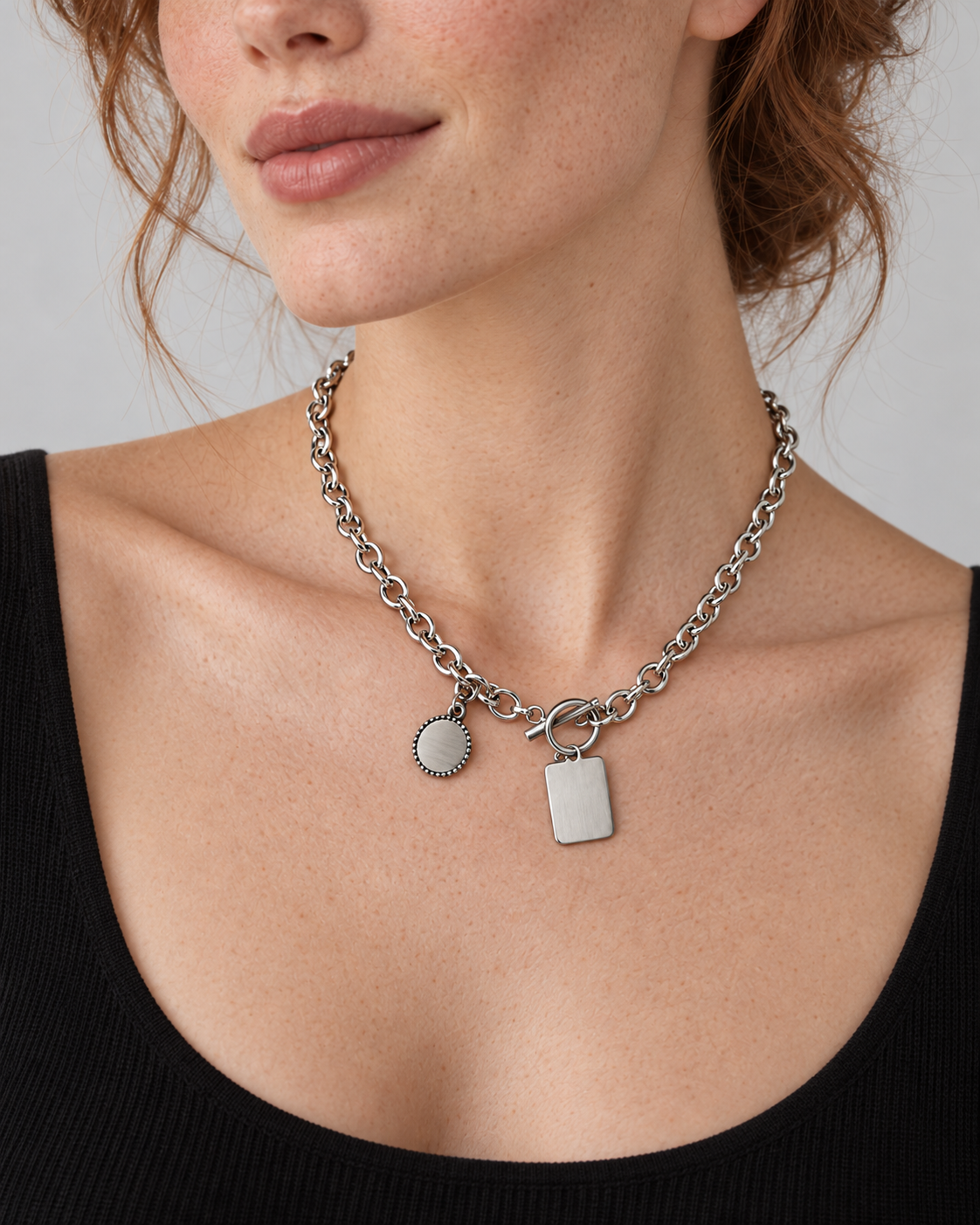 Model wearing VEYRISSA Duke Love Coin Toggle Necklace
